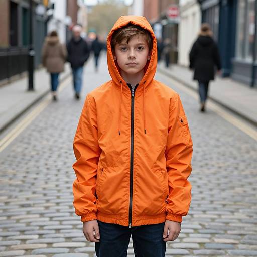 Photograph of a young boy with brown hair, wearing an orange hooded jacket, standing on a cobblestone street with blurred pedestrians in the background