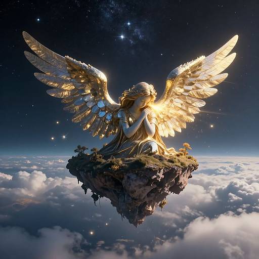 Digital art of a glowing golden angel with large wings, seated on a floating island, surrounded by clouds and stars in a cosmic sky.