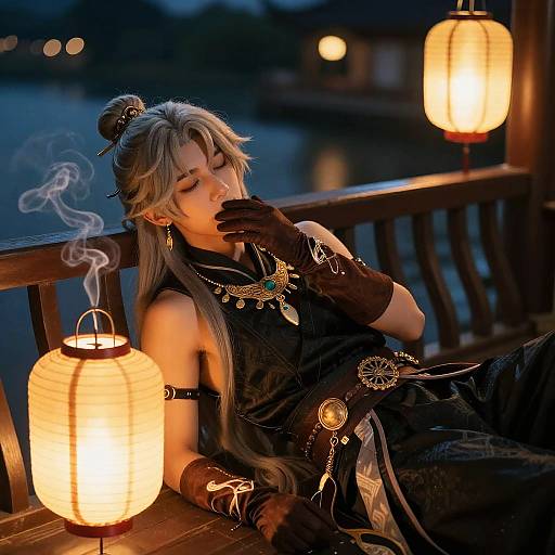 Lanternlit Aether on Seaside Balcony