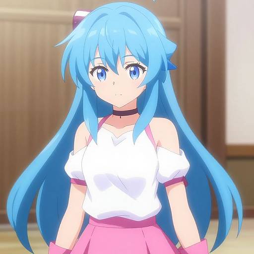 Digital anime-style drawing of a blue-haired girl with large eyes, wearing a white off-shoulder top, pink skirt, and black choker.