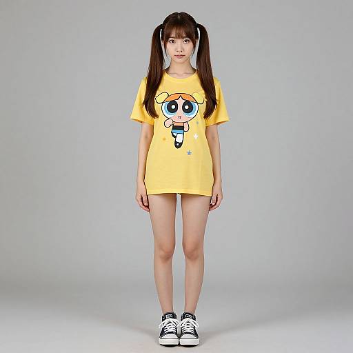 Photograph of an Asian woman with long brown pigtails wearing a yellow t-shirt with a cartoon character, black Converse sneakers, standing against a