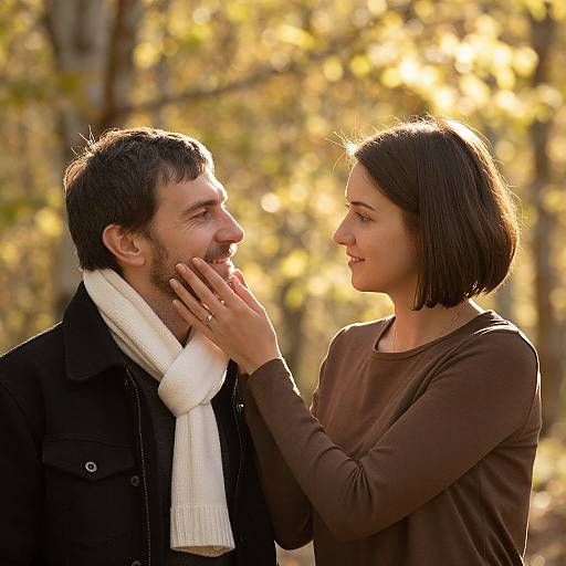 Photograph of a smiling couple in an autumn forest; woman with bob-cut hair touches man's cheek, both wearing warm clothing.