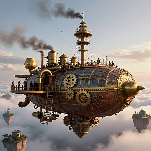 Steampunk airship with brass gears and smokestacks floats above cloudy sky, surrounded by floating islands at sunset. Detailed CGI artwork.