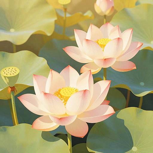 Whimsical Lotus Blossoms in Golden Glow