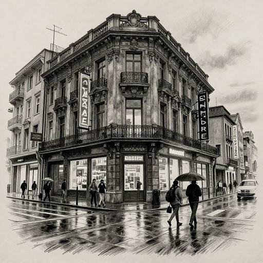 Black-and-white digital drawing of a rainy street corner with ornate, old-style building, 