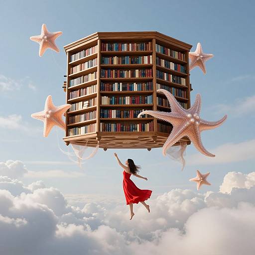 A woman in a red dress leaps towards a floating, wooden, multi-story library surrounded by pink starfish, above fluffy clouds. Digital art.