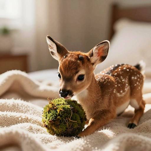 Photograph of a cute, young brown deer with white spots, lying on a sunlit, fluffy bed, gently nibbling on a moss-covered ball