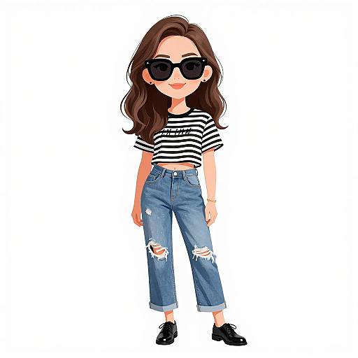 Cartoon-style drawing of a woman with long brown hair, black sunglasses, striped crop top, ripped blue jeans, and black shoes.