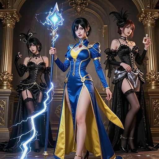 Digital art of three women in gothic, fantasy attire; central figure in blue and yellow dress holds glowing lightning staff, flanked by two in black