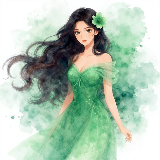 Digital anime-style drawing of a beautiful woman with long black hair, wearing a green off-shoulder dress, adorned with a green flower, set against