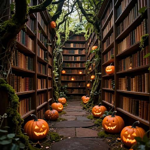 Photograph of a spooky library aisle lined with jack-o'-lanterns, vines, and lit candles, creating a Halloween atmosphere.