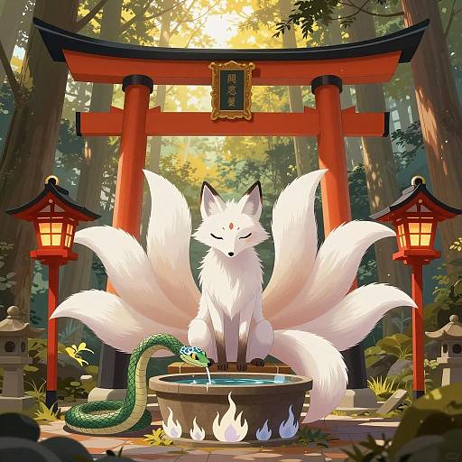 Whimsical Forest Shrine with Mystical Creatures