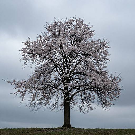 Photograph of a solitary cherry tree with light pink blossoms against a cloudy, overcast sky, standing on a grassy hill.