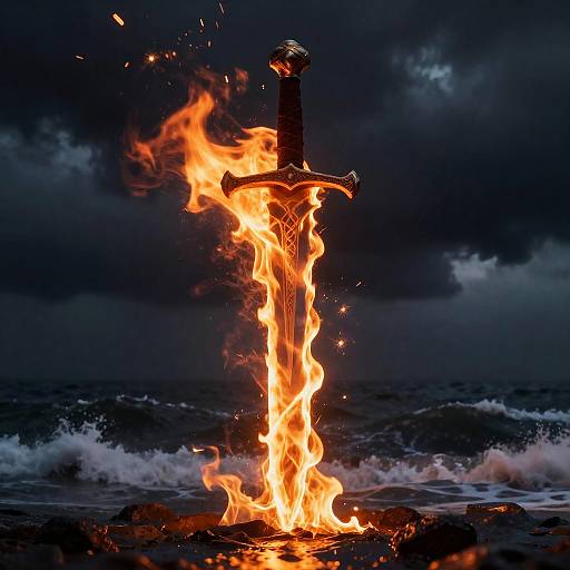 Realistic Flaming Sword Over Stormy Sea