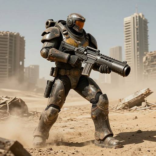 Photorealistic CGI of a heavily armored, futuristic soldier with a large gun, standing in a dusty, ruined urban landscape with tall, damaged skyscrap