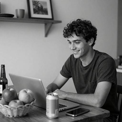 Casual Young Man at Cluttered Table
