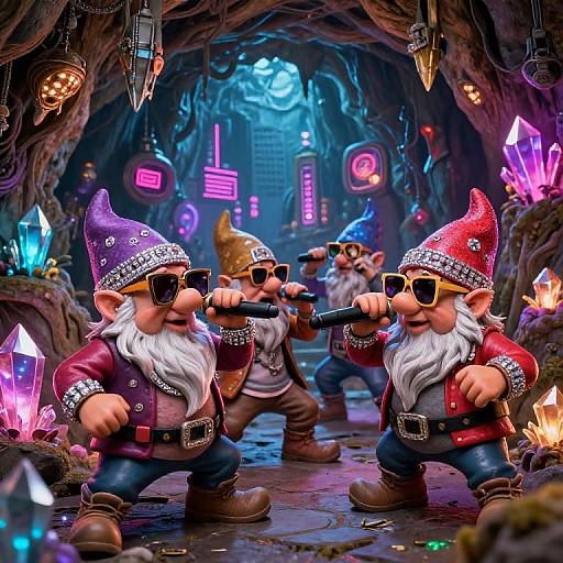 Digital illustration of two punk gnome musicians with sunglasses, red hats, and leather jackets, playing guitars in a glowing, crystal-filled cave.