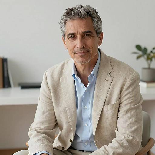 Photograph of a middle-aged man with gray hair, wearing a beige blazer and light blue shirt, smiling in a modern, minimalist office.