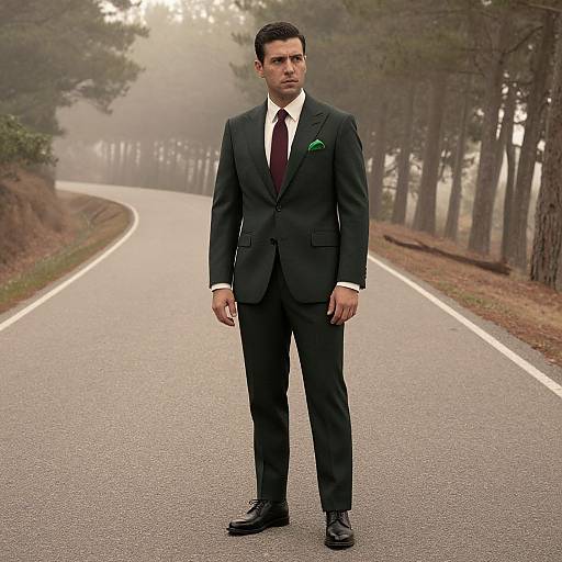 Photograph of a serious, dark-haired man in a black suit, white shirt, red tie, and green pocket square, standing on a foggy