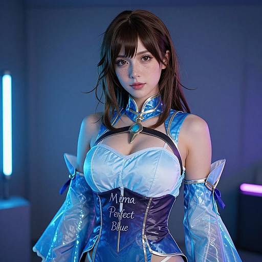 Photograph of an anime-style woman with long brown hair, blue and white futuristic outfit, large breasts, glowing blue background, text 