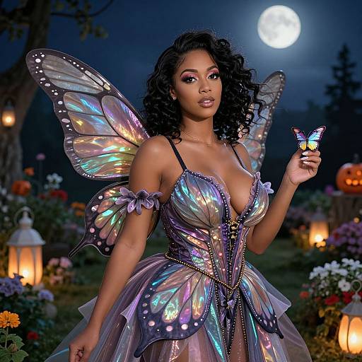 Photograph of a beautiful Black woman with curly hair, wearing a shimmering, iridescent fairy dress, with butterfly wings, holding a butterfly,