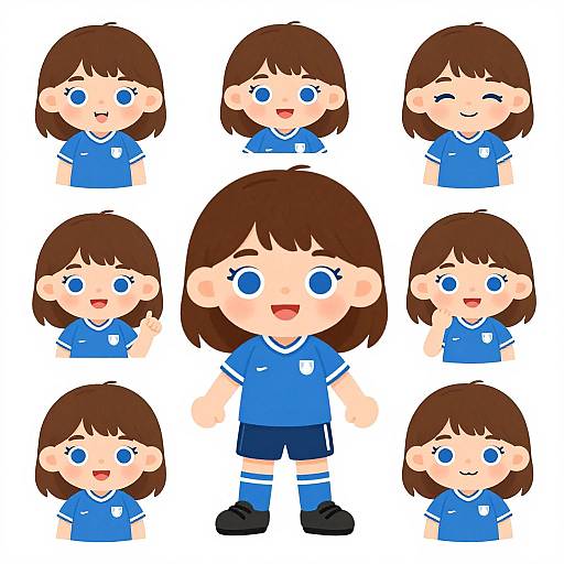 Cartoon illustration of a brown-haired, blue-eyed, young girl in a blue soccer uniform, displaying various facial expressions in a 3x3 grid