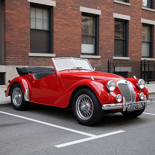 Photograph of a vibrant red classic convertible car with black leather interior, chrome wheels, and vintage grille, parked on a city street with a red brick