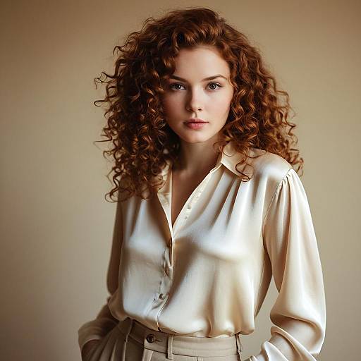Portrait of Woman with Curly Auburn Hair in Cream Blouse