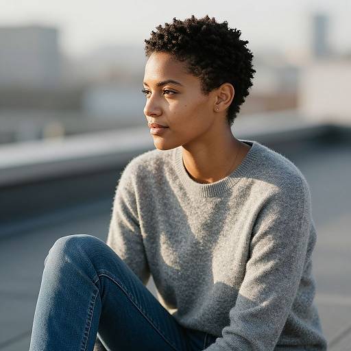 Photograph of a young Black man with short curly hair, wearing a gray sweater and blue jeans, sitting on a rooftop in sunlight, gazing thought