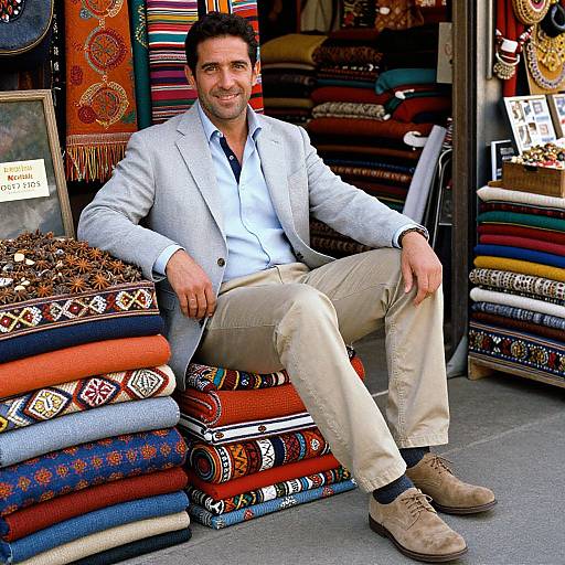 Photograph of a smiling, dark-haired man in a light blue blazer, white shirt, beige pants, and tan shoes, seated among colorful,