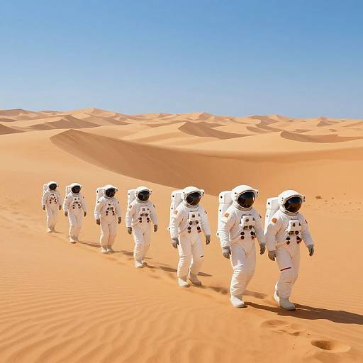 Photograph of six astronauts in white space suits walking across a bright orange, sunlit desert with rolling sand dunes under a clear blue sky.