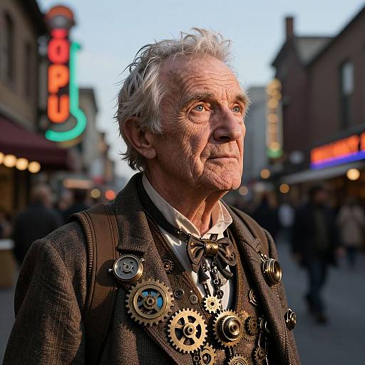 Enigmatic Aged Traveler in Neon City