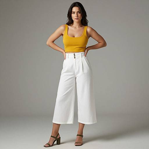 Photograph of a confident woman with dark hair in a yellow tank top and high-waisted white wide-leg pants, standing with hands on hips,
