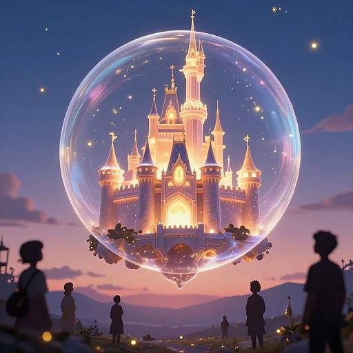 Digital artwork: Glowing castle inside a transparent bubble, floating above a twilight sky with silhouetted people and distant mountains.