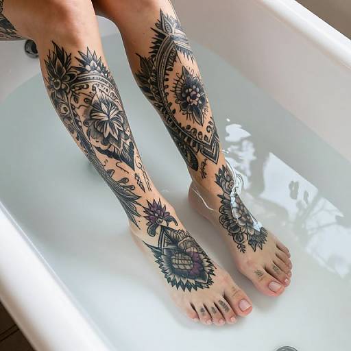Photograph of intricately tattooed legs with black floral designs in a white bathtub filled with clear water, showing pink-painted toenails.