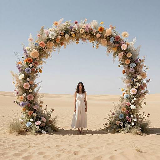 Photograph of a woman in a white dress standing under a vibrant floral arch in a sunny desert, with clear blue sky.