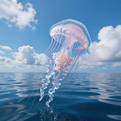 Photorealistic CGI of a glowing, translucent jellyfish with long, wavy tentacles floating on a calm, deep blue ocean under a bright,