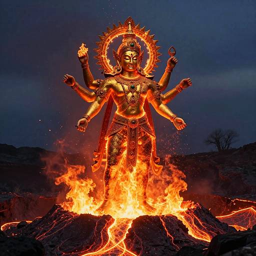 Photograph of a glowing, six-armed statue of a deity, surrounded by fiery flames, set against a dark, cloudy night sky.