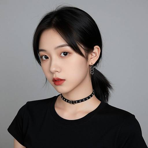 Digital portrait of an Asian woman with pale skin, black hair in a ponytail, wearing a black choker, black shirt, and red lipstick,