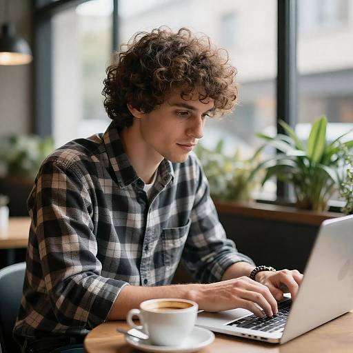 Young Man Working on Laptop at Café