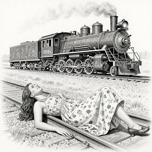 Black-and-white illustration of a woman in a floral dress lying on railroad tracks, gazing at a steam locomotive passing by.