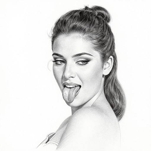 Black and white digital drawing of a young woman with long hair in a bun, playful expression, tongue out, white background.