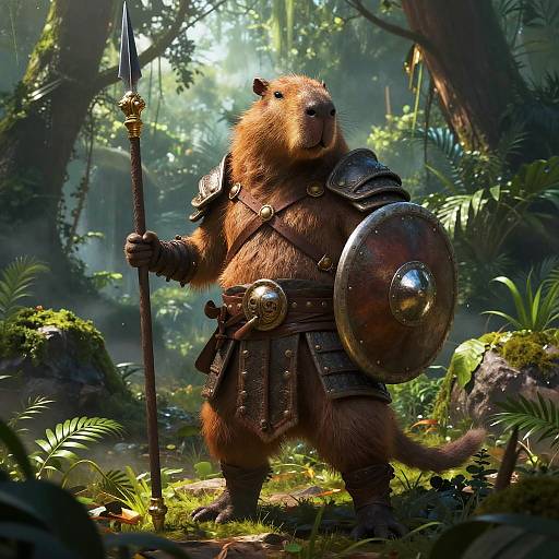Digital fantasy artwork of a burrowing rodent warrior in medieval armor, holding a spear and shield, standing in a sunlit forest.