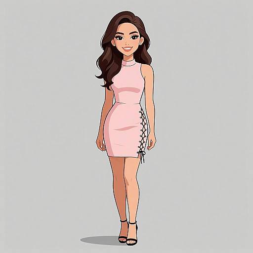 Digital illustration of a young woman with long dark brown hair, wearing a fitted pink sleeveless dress and black high heels, standing against a light blue background