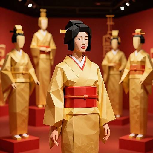 Digital illustration of an Asian woman in a gold kimono with red obi, black hair in a traditional updo, surrounded by identical mannequ
