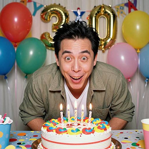 Photograph of a man with black hair, wearing a green shirt, excitedly looking at a birthday cake with candles, surrounded by colorful balloons and 