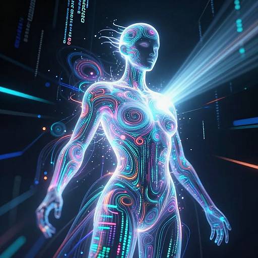 Digital art of a glowing, neon-lit, futuristic human figure with intricate, colorful circuit patterns and light trails in a dark, tech-filled background.