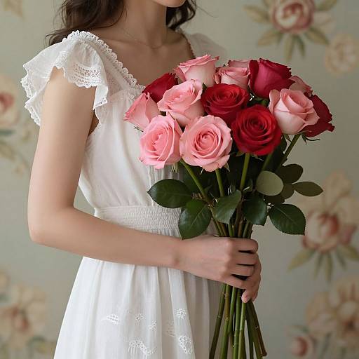 Photograph of a woman in a white lace dress holding a bouquet of pink and red roses against a floral wallpaper background.