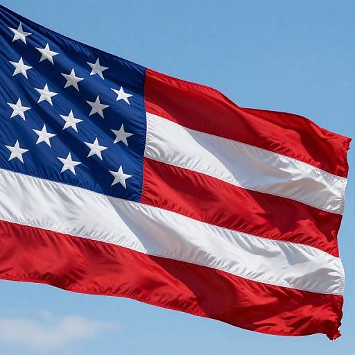 Photograph of a waving American flag against a clear blue sky, featuring red, white, and blue stripes with white stars on a blue canton.