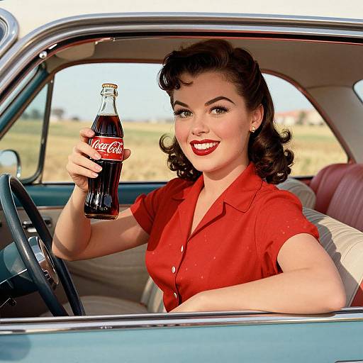 Vintage-style photograph of a smiling woman with dark curled hair, wearing a red button-up shirt, holding a Coca-Cola bottle while driving a classic car.